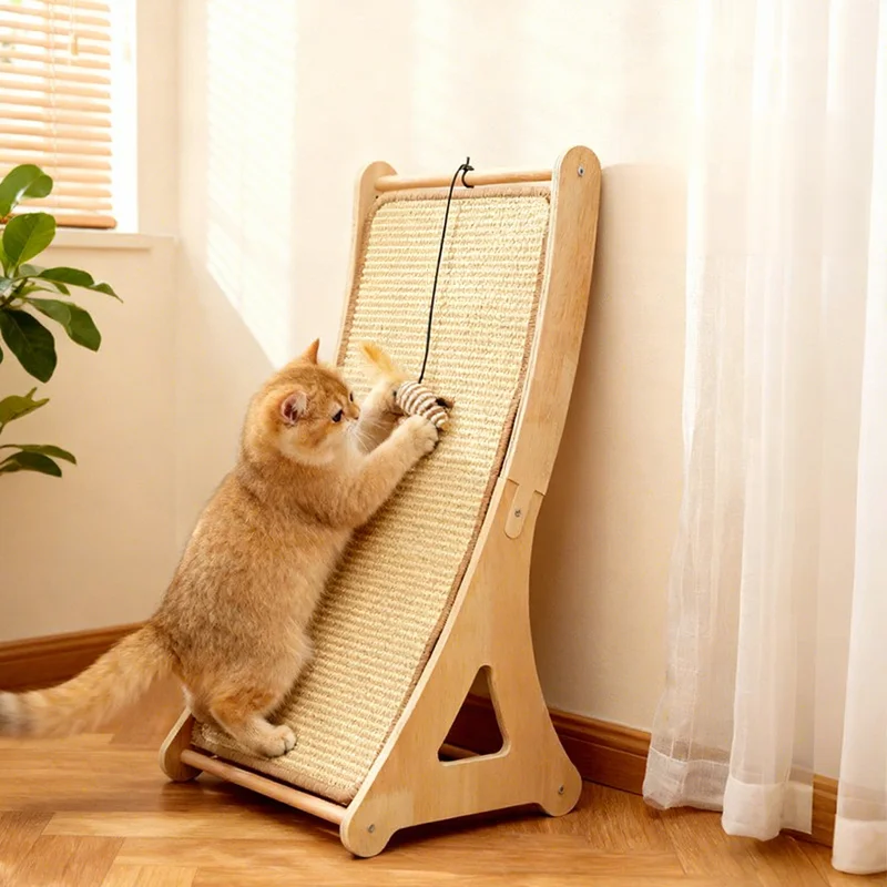 Modern Solid Wood Vertical Cat Scratch Board with Adjustable Height Wear Resistant Shavings Free Sword Hemp Rope Cat Tree & Toy