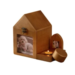 Modern Solid Wood and Ceramic Eco Friendly Pet Memorial Urn with Photo Frame for Dogs and Cats Ashes Remembrance Keepsake
