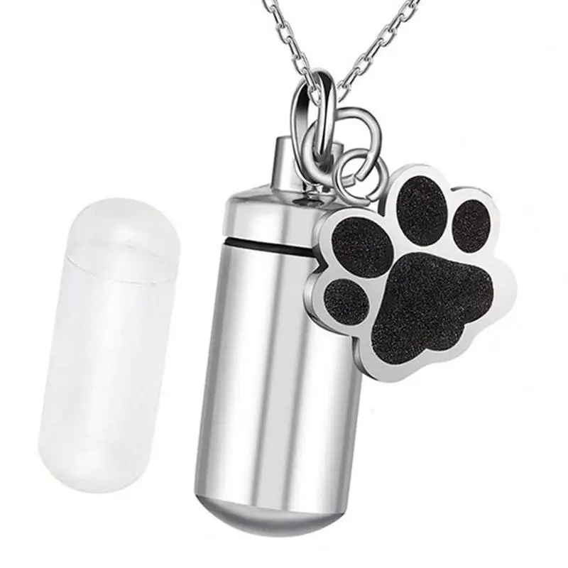 Modern Stainless Steel Memorial Pet Urn Pendant Cylinder Claw Print Perfume Bottle Necklace Family Funeral Supplies