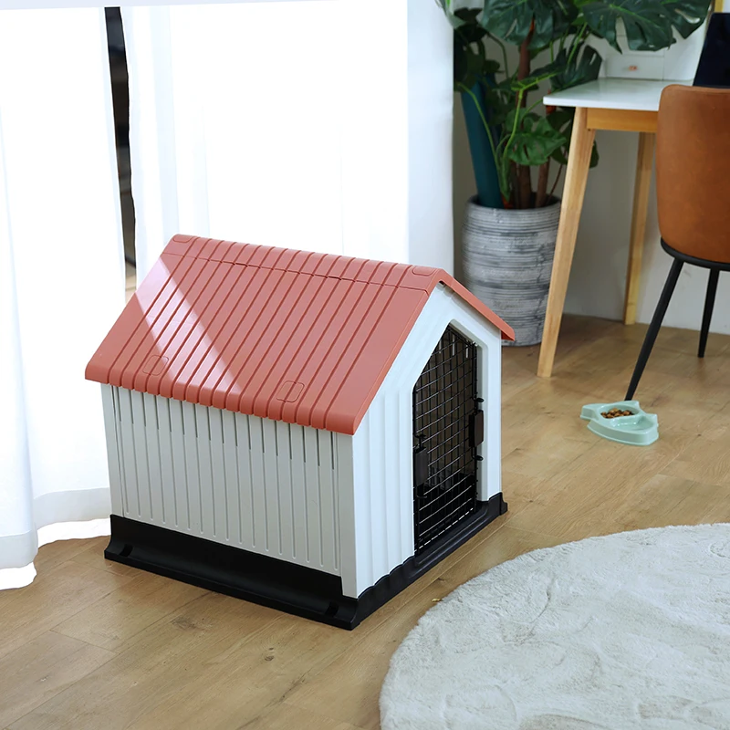 Modern Style Outdoor Small Animal Cage PP Plastic Dog House Blue Red Dark Grey Roof Snap Button Closure Pet Living Furniture