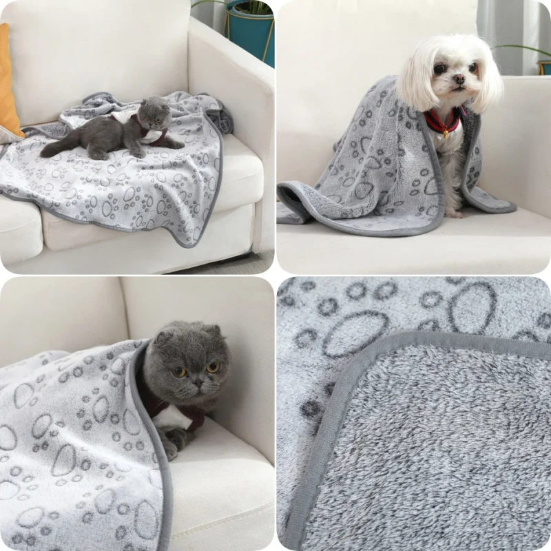 Modern Style Winter Plush Dog Sleeping Blanket Comfortable Gray Footprints Towel for Multi-Scene Use Pet Mats & Pads