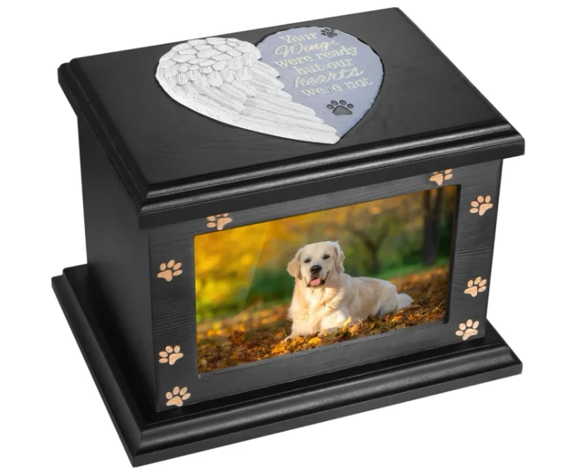 Modern Style Wooden Pet Urn Memorial Funeral Placement Box with Simple Wooden Frame and Photo for Dog Ashes