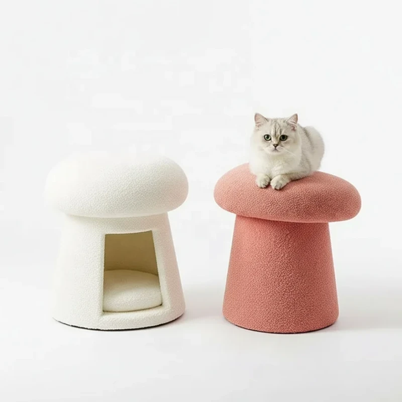 Modern Stylish Sustainable Brushed Fleece Stool Low Entrance Mushroom Shaped cat Bed House Pet Furniture for Small Animals