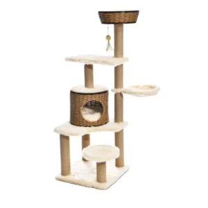 Modern Tall Cat Tower Scratching Posts Condos Top Perch Rattan Wooden Cat Tree