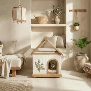 Modern Transparent Roof Solid Wood Pet House with Floral Carving for Cats Living Room Indoor Shelter