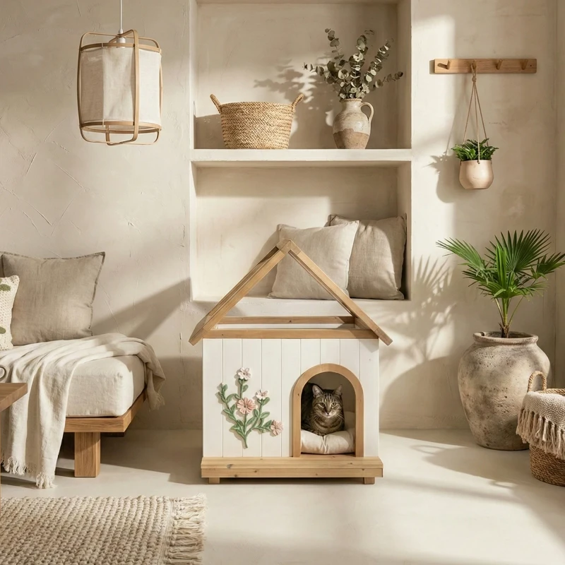 Modern Transparent Roof Solid Wood Pet House with Floral Carving for Cats Living Room Indoor Shelter