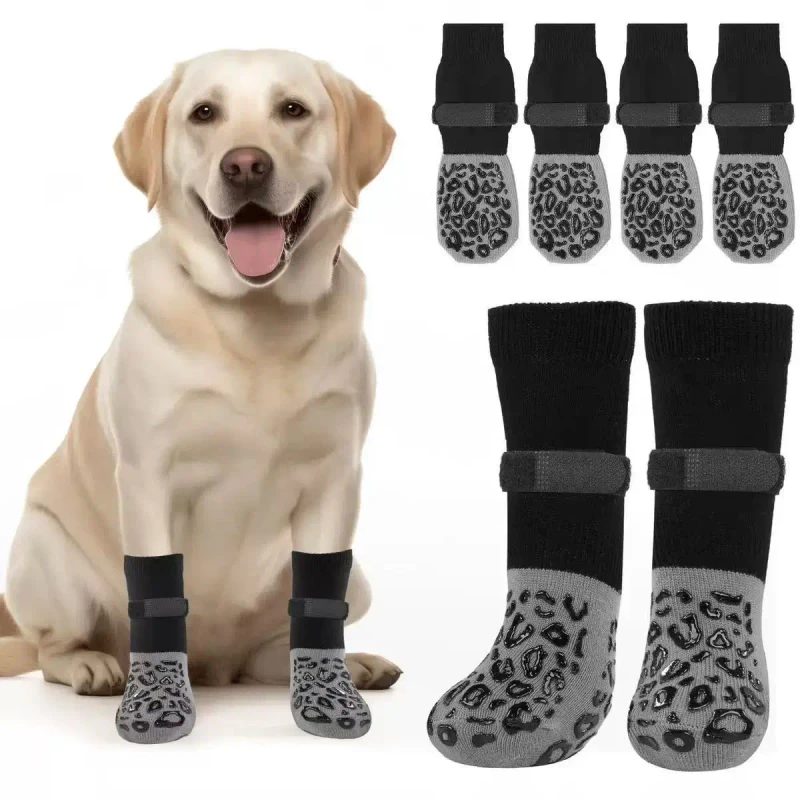 Modern Winter Anti Slip Warm Leopard Print Cotton Dog Shoes Black