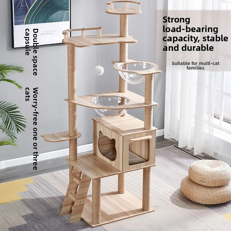 Modern Wooden Cat Tree Tower with Integrated Track Ball Toy Luxury Wood Cat Condo Scratcher Post for Indoor Cats Easy Clean