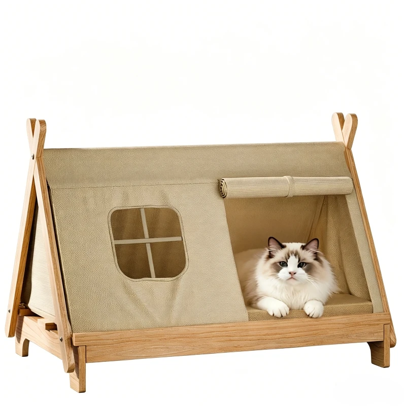 Modern Wooden Elevated Cat and Dog Tent Bed Solid Pattern Belt Closure All Season Cozy Enclosed Pet House for Small Animals