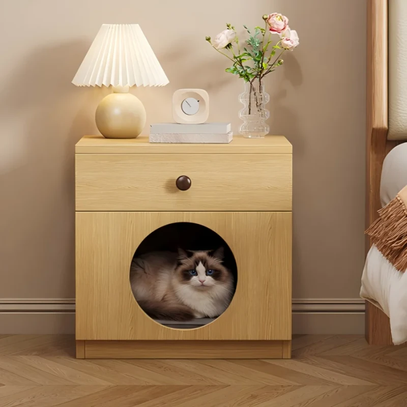 Modern Wooden Night Stand 1 Drawer with Cat House Fully Assembled Pet Friendly Home Furniture Bedroom Living Room Hotel
