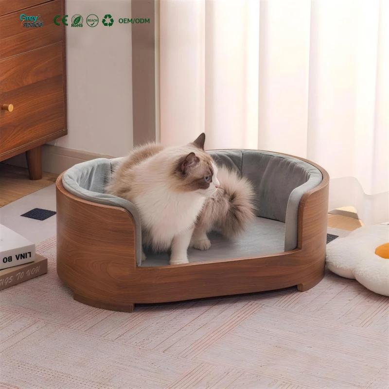 Modern Wooden Pet Bed Sofa Custom Stripes Breathable Warm Removable Washable Cotton Filled for Dogs and Cats All Seasons