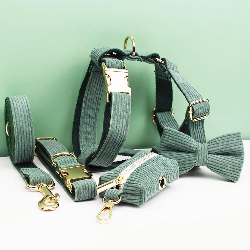 Multi Colors Customized Name Logo Corduroy Pet Harness Dog XS XL Collars and Leash Set Puppy Cat Leads With Bowtie and Poop Bag