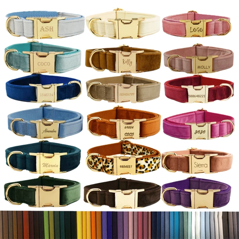 Multi Colors Customized Velvet Dog Collars XS XL Laser Engraving Pet Necklace Adjustable Durable Dog Leads Accessory