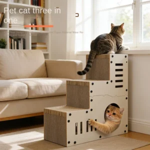 Multi functional 3 in 1 Corrugated Paper Cat Scratcher Integrated with Cat Bed and Climbing Tree Frame Toy for Cats