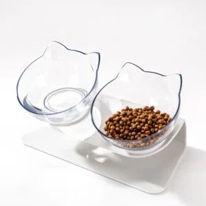 Multi use Cute Neck Guard Abs Pet Feeder 15 Degree Tilt Design Transparent Raised Pet Puppy Cat Double Bowl