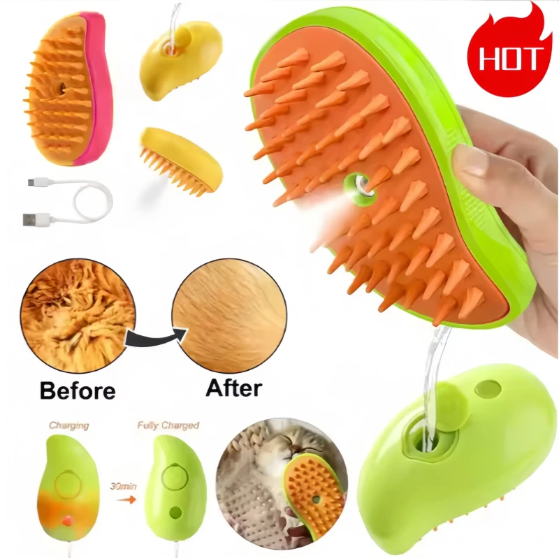 Multifunctional 3 In 1 Rechargeable Pet Water Spray Brush Soft Dog Hair Steamy Comb Steam for Massage Bathing and Cleaning