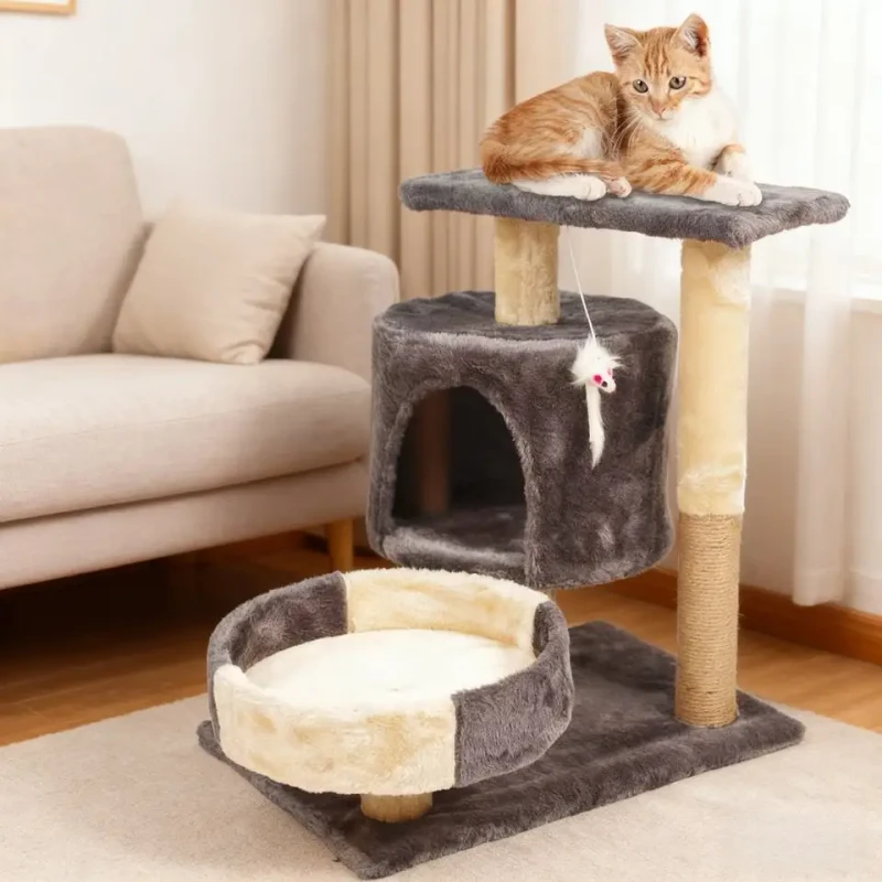 Multifunctional Integrated 3 Levels Wooden Cat House Climbing Frame Jumping Platform Cat Tree Eco friendly Cat Scratcher