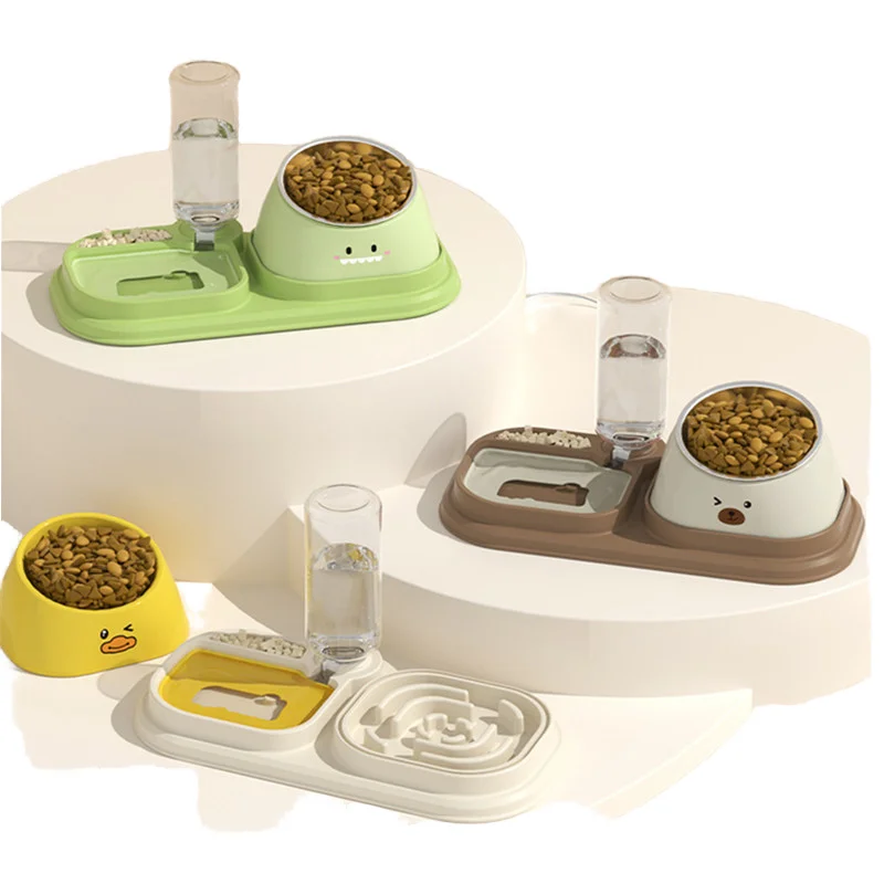 Multiple Styles Stainless Steel Cat Dog Feeder Bowl Automatic Water Dispenser Slow Food Bowl Solid Pattern Pet Water Bottles