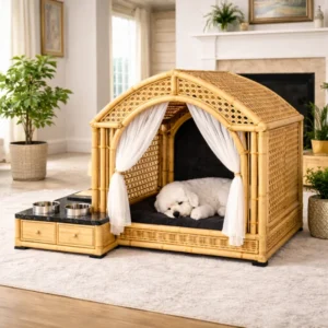 Natural Bamboo Handwoven Dog House with Elevated Feeder Eco-friendly Sustainable Wicker Pet Kennel with Storage Drawers