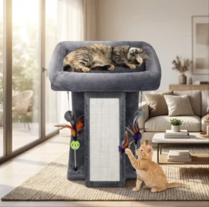 Natural Fruit Wood 1-Level Cat Tree With Sisal Scratcher and Washable Plush Modern Eco-Friendly Indoor Cat Furniture