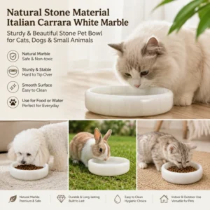 Natural Stone Carrara White Pattern Durable Eco Friendly Portable Waterproof Pet Feeding Bowl for Cats Dogs Small Animals