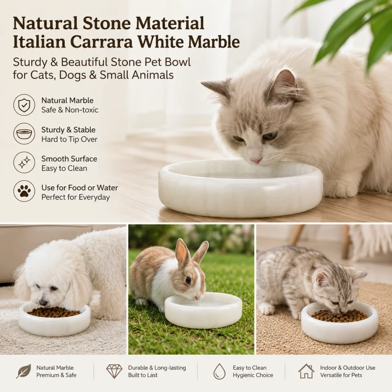 Natural Stone Carrara White Pattern Durable Eco Friendly Portable Waterproof Pet Feeding Bowl for Cats Dogs Small Animals