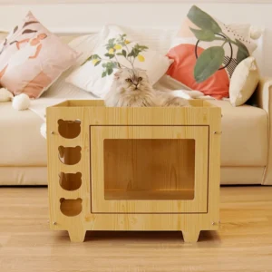 Natural Wooden 2-Tier Waterproof Pet House Hammock Hollow Ventilated Design Removable Soft Cushion Cat Dog Furniture Supplies