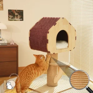 Natural Wooden Cat Condo Solid Wood Cat Tree House with Scratcher Tall Climbing Tower for Small Apartment Pet Exercise and Rest