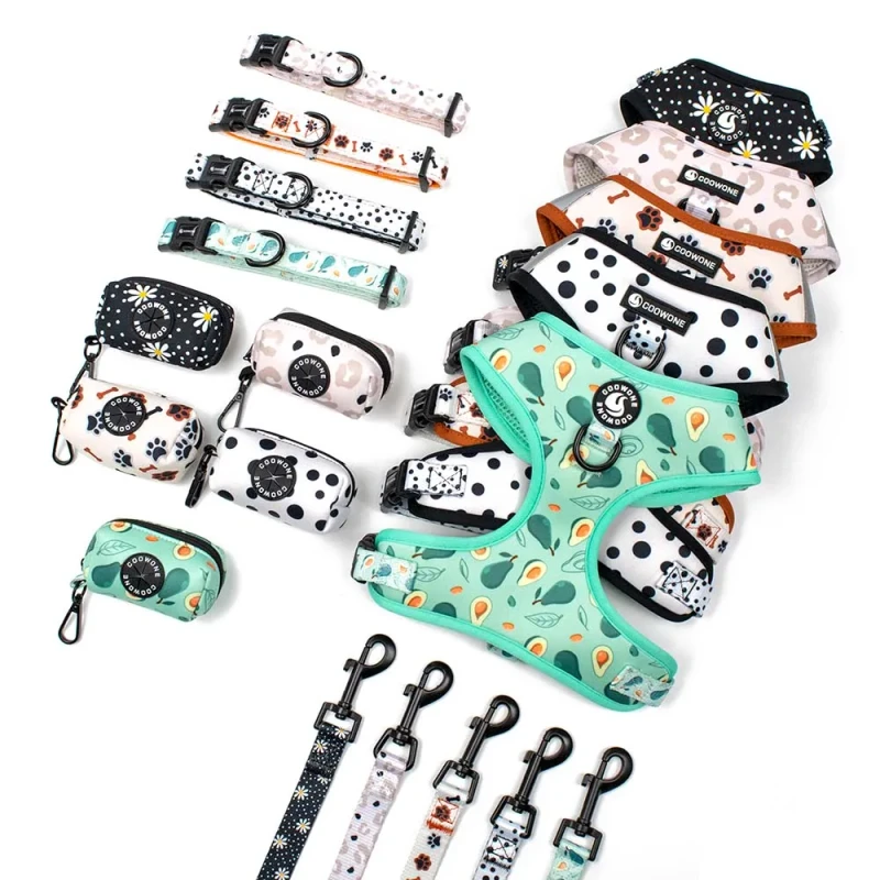 Neoprene Dog Harness Set Custom Printed Sublimable Dog Leash and Collar Adjustable Pet Harness Leash