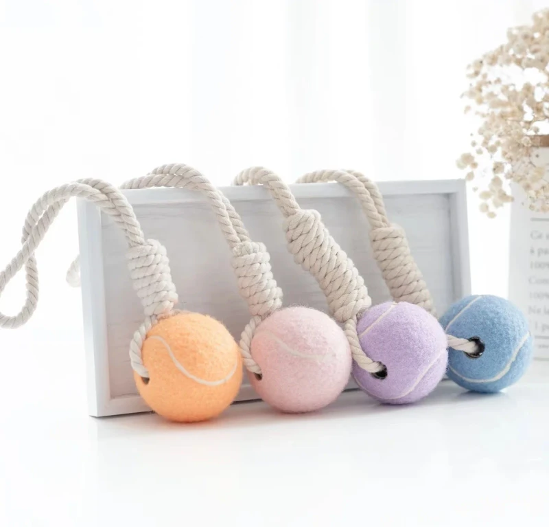 New Arrival Clean Teeth Interactive Pet Tennis Ball Chew Toy Dog Tug Toy Rope Dog Toy