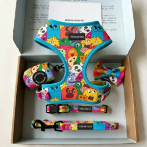 New Design Fashion Eco Friendly Design Private Label Custom Printed Adjustable No Pull Pet Dog Harness Leash Collar Set