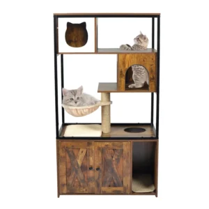 New Design Indoor Wooden Pet House Cat Tower Condo With Hammock Climbing Furniture Cat House Tree