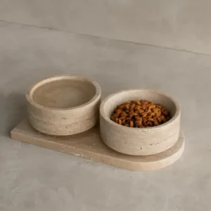 New Design Light Beige Travertine Pet Bowl Marble Pet Double Bowls Cat Easy Clean Top Dog Feeder Customized Bird Feeder