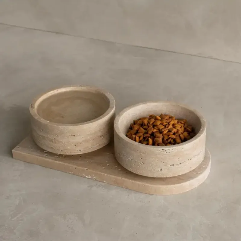New Design Light Beige Travertine Pet Bowl Marble Pet Double Bowls Cat Easy Clean Top Dog Feeder Customized Bird Feeder