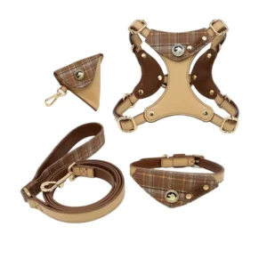 New Designer Waterproof PU Leather Dog Hiking Harness Leash Collar Poop Bag Set for Pets
