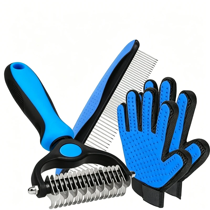 New Pet Grooming Brush 2X Grooming Gloves Combo Double Sided Dematting Deshedding Undercoat Rake for Dogs and Cats