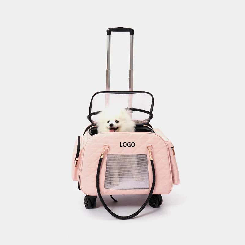New Pu Leather Pet Carrier Luxury Dog Cat Carrier Bag with Wheels Travel Carrier Bag Outdoor Breathable Mesh Window