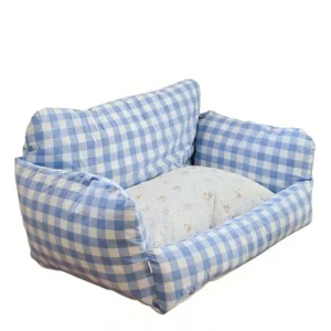New Trending Luxury Removable Washable Waterproof Pet Bed Korean Style Soft Blue Grid Nylon Small Dog Sofa Bed