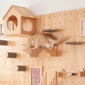 No Drill Wall Mounted Solid Wood Cat Tower Luxury Modern Cat Tree Integrated Cat Perches Wall Shelving Unit Carton Packed