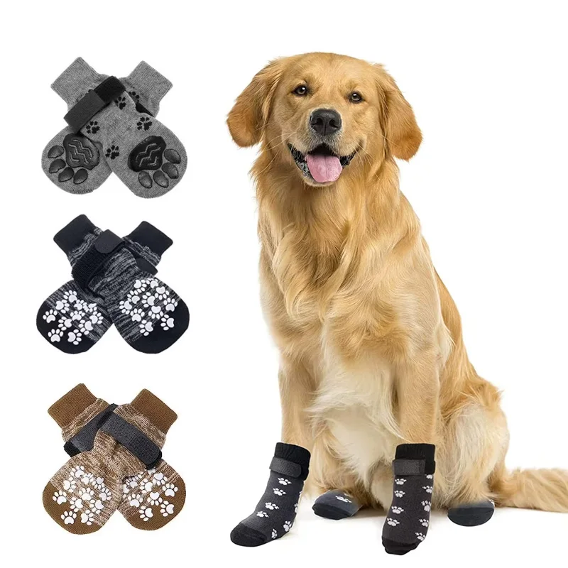Non Skid Pet Socks Double Sided Anti Slip Dog Socks with Magic Velcro Straps Ideal for Small & Large Dogs