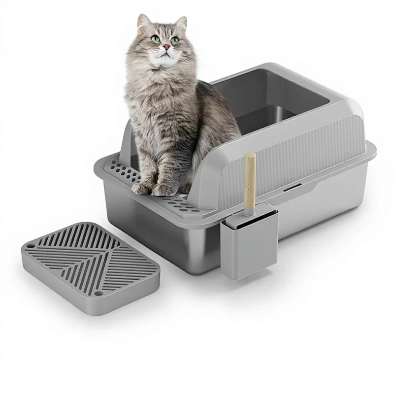 Non Stick Stainless Steel Litter Box Metal Cat Litter Pan Easy to Scoop Odor Control Durable Pet Toilet