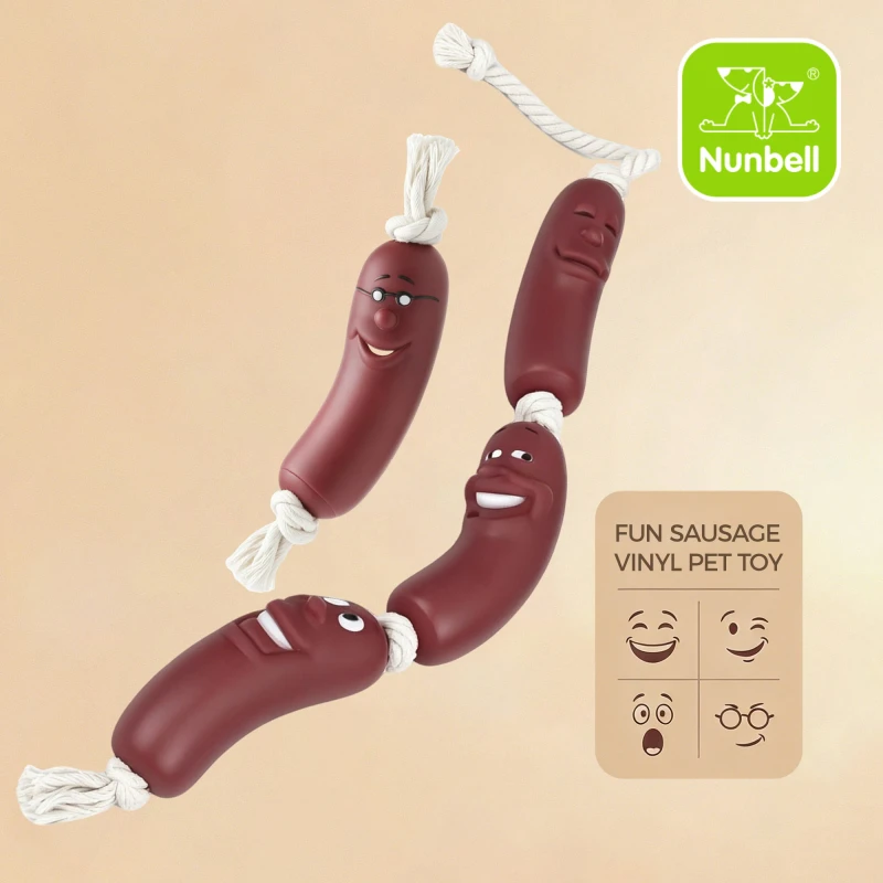 Nunbellpets New Arrival Modern Luxury Cotton Rope Hot Sausage Squeak Single Triple Link Pet Chew & Tug Toys with Funny Face