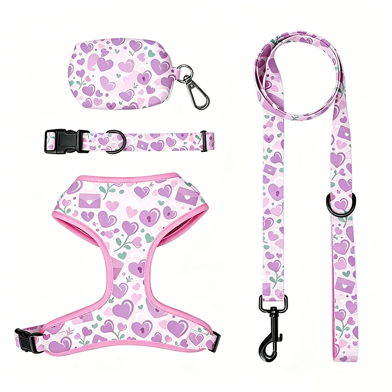 OEM ODM Personalized Pet Soft Padded Polyester Print Pattern Dog Harness Set Pet Harness Collar Leash Manufacturer