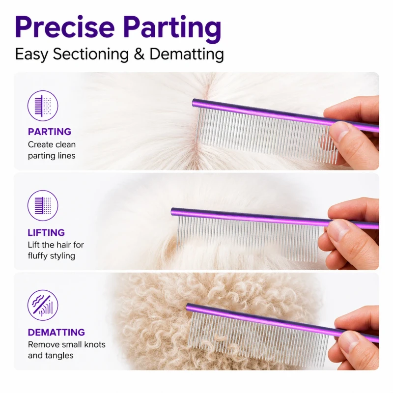 OEM ODM Pet Grooming Rat Tail Comb Purple Aluminum Handle Stainless Steel Pin Parting Tool for Professional Groomers