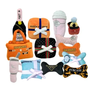 OEM Pet Dog Toy Soft Plush Toy Fashion Design Handbag Bottle Bone Shape Squeak Dog Chew Toys