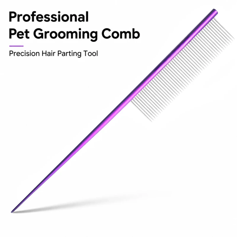 OEM Pet Grooming Comb Rat Tail Parting Tool Purple Aluminum Handle Stainless Steel Pin for Dog Cat Coat Styling