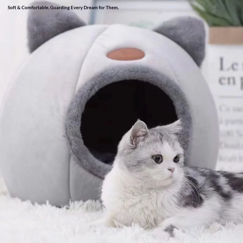 OF Cute Cat Sleep Cozy House Pet Cave Products Indoor Semi Closed Warm Fleece Lined Soft Pet Bed Accessories