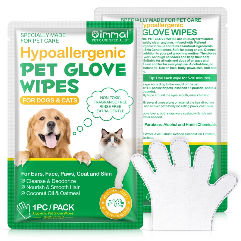 Oimmal Biodegradable Pet Grooming Gloves Soft Disposable Wet Wipes for Dogs and Cats Private Label