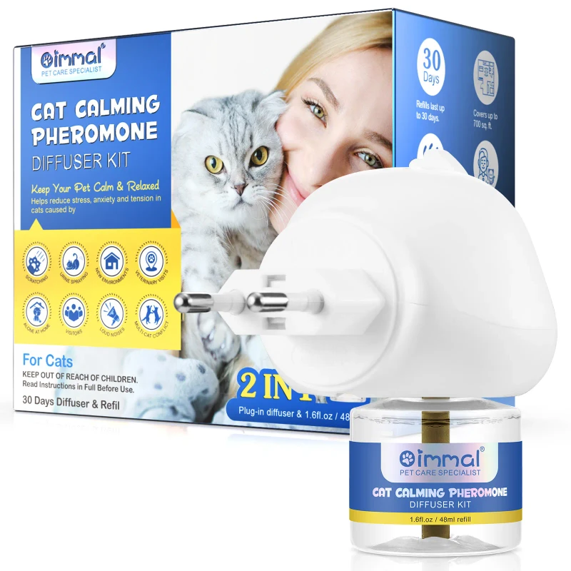 Oimmal EU Plug Cat Pheromone Diffuser Kit Safe Premium Pet Calming Pheromone Diffuser Kit for Cats Relief Separation Anxiety