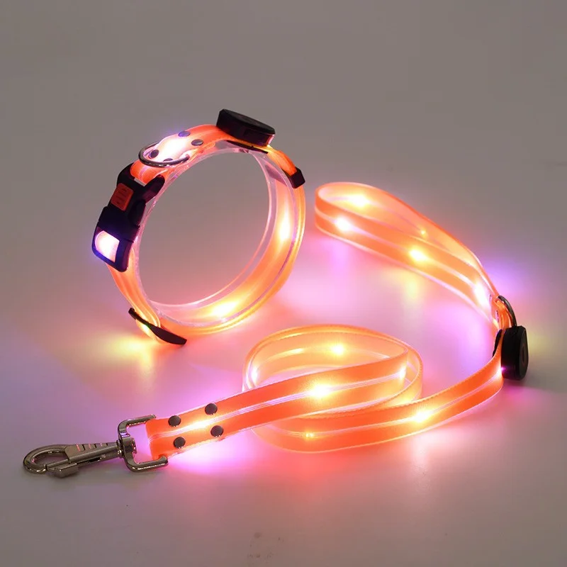 Orange LED Dog Leash USB Rechargeable Light up PVC Waterproof Luxury Pet Leash with Light